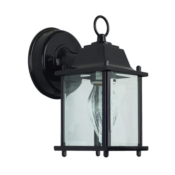 1-Light Outdoor Wall Mount Lantern Size: 5-in W x 5-3/4-in D x 8-1/8-in H Clear Beveled Glass Sides Material: Aluminum + Glass Uses 1-60W Max. A19 Medium Base Bulb (Not included) UL & cUL listed for Wet Location 120V 1 Year Warranty